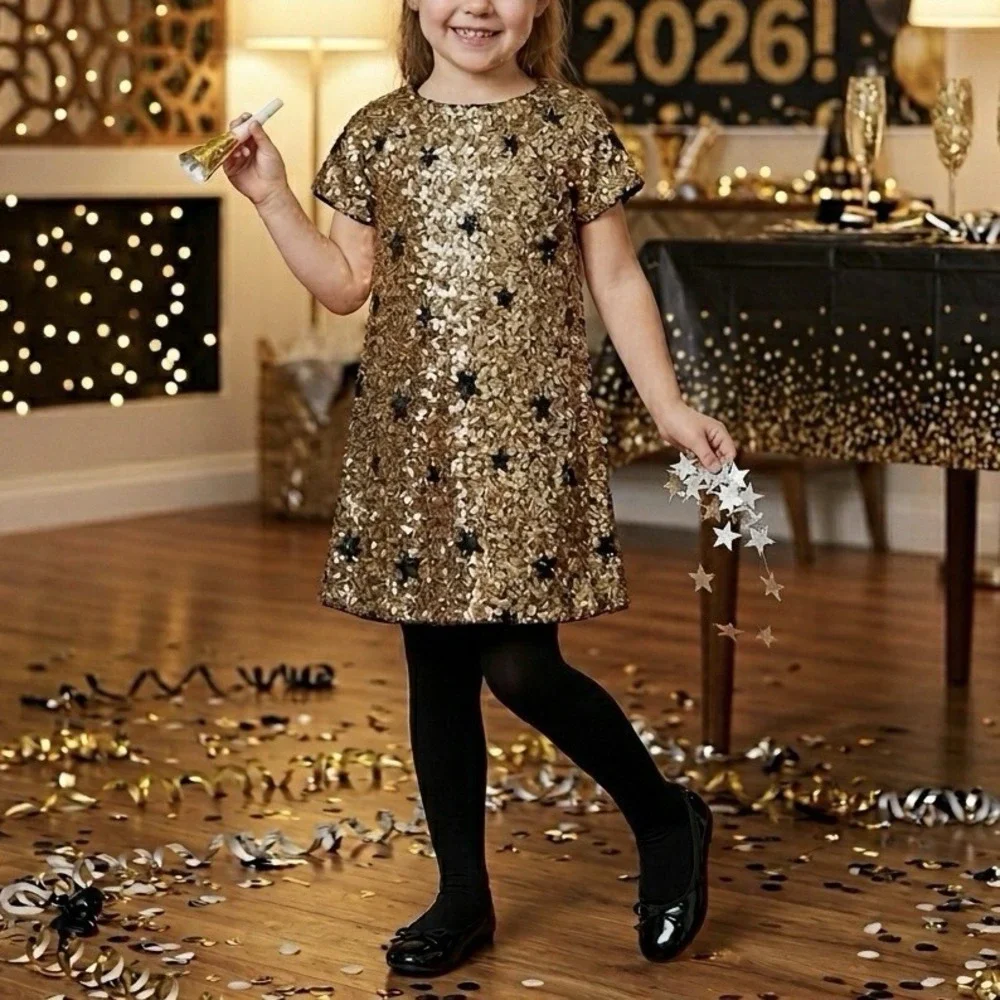 J. Crew CREWCUTS Girls Sequin Stars Short Sleeve Shift Dress Size 5 Preppy Party